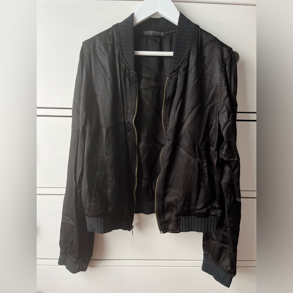 silky black bomber jacket, fits like size small